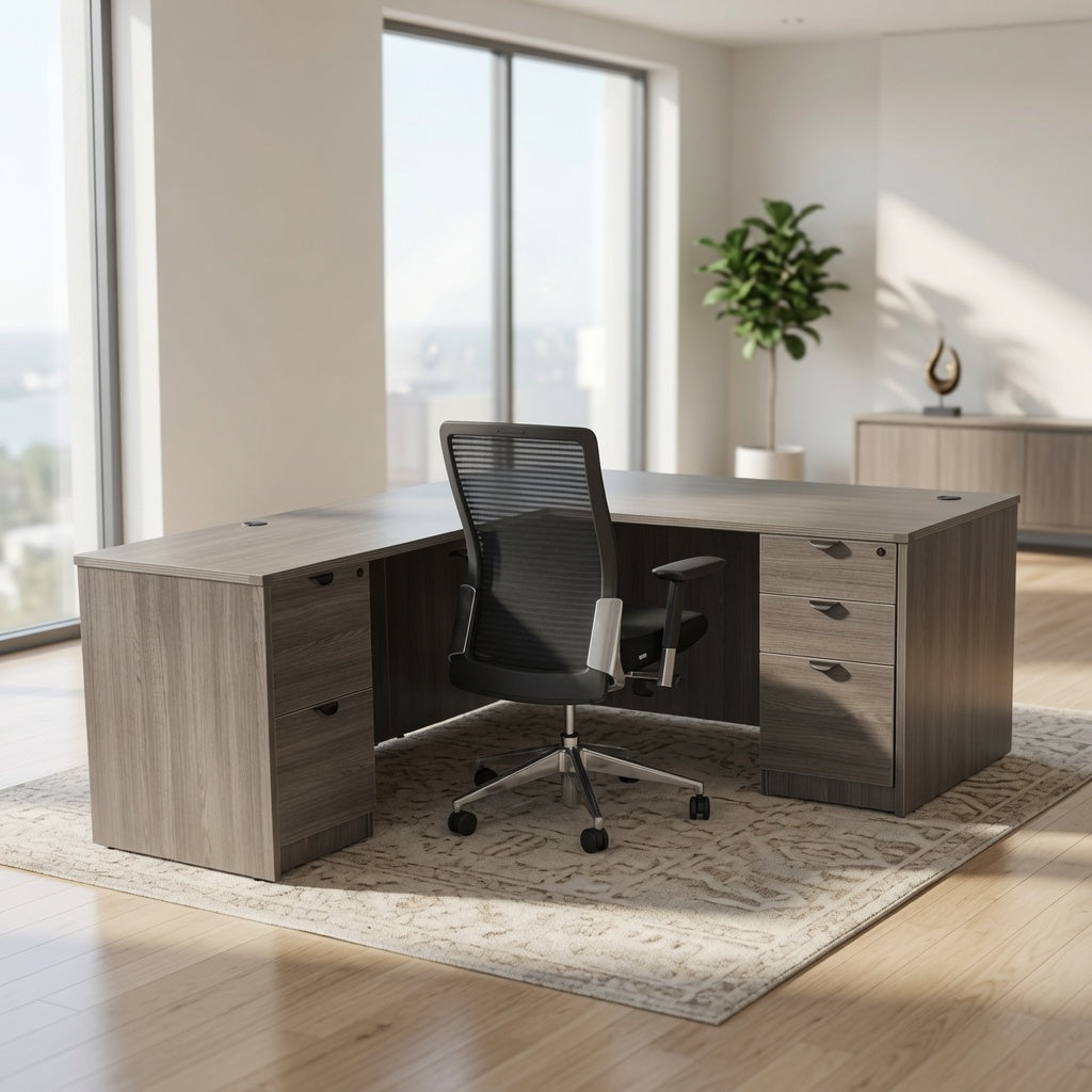 Gray wood grain L-shaped desk with a black mesh task chair and matching file cabinet