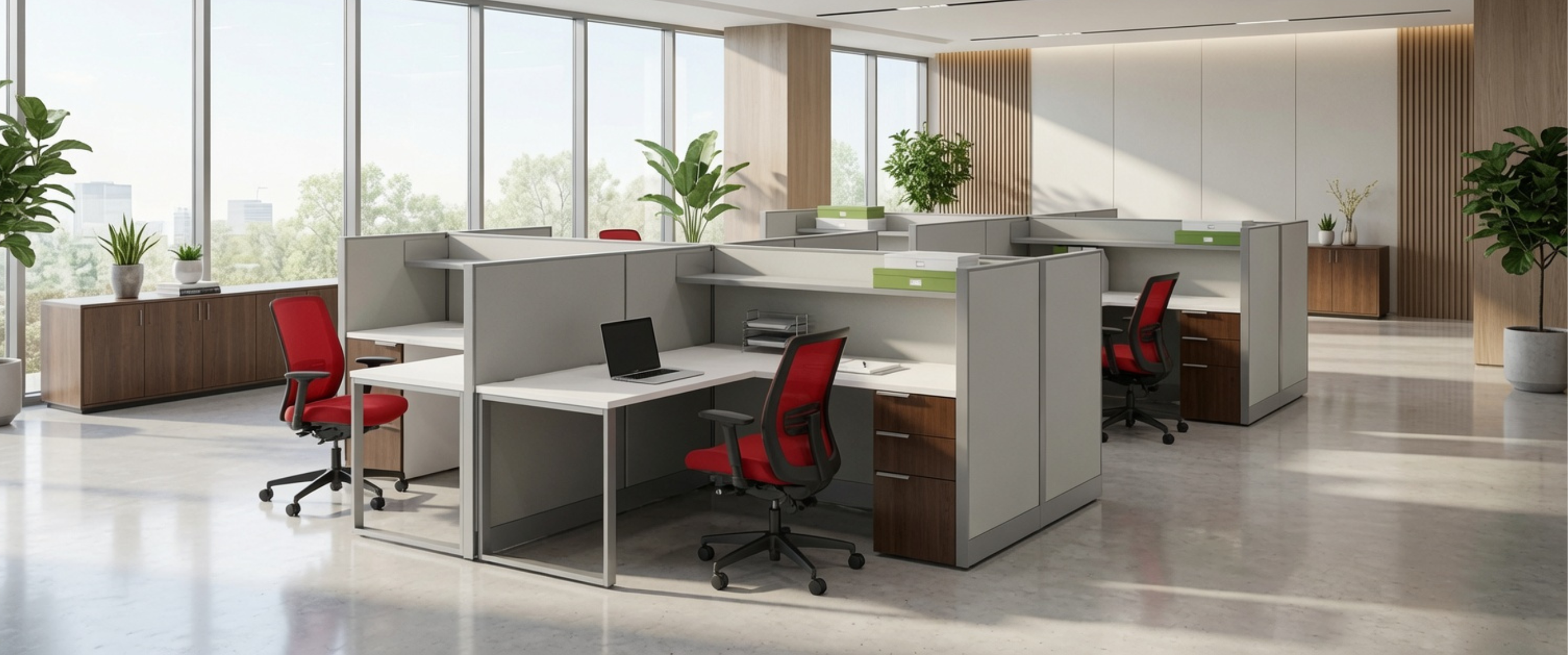 Open office of gray cubicle workstations with red task chairs and floor-to-ceiling windows