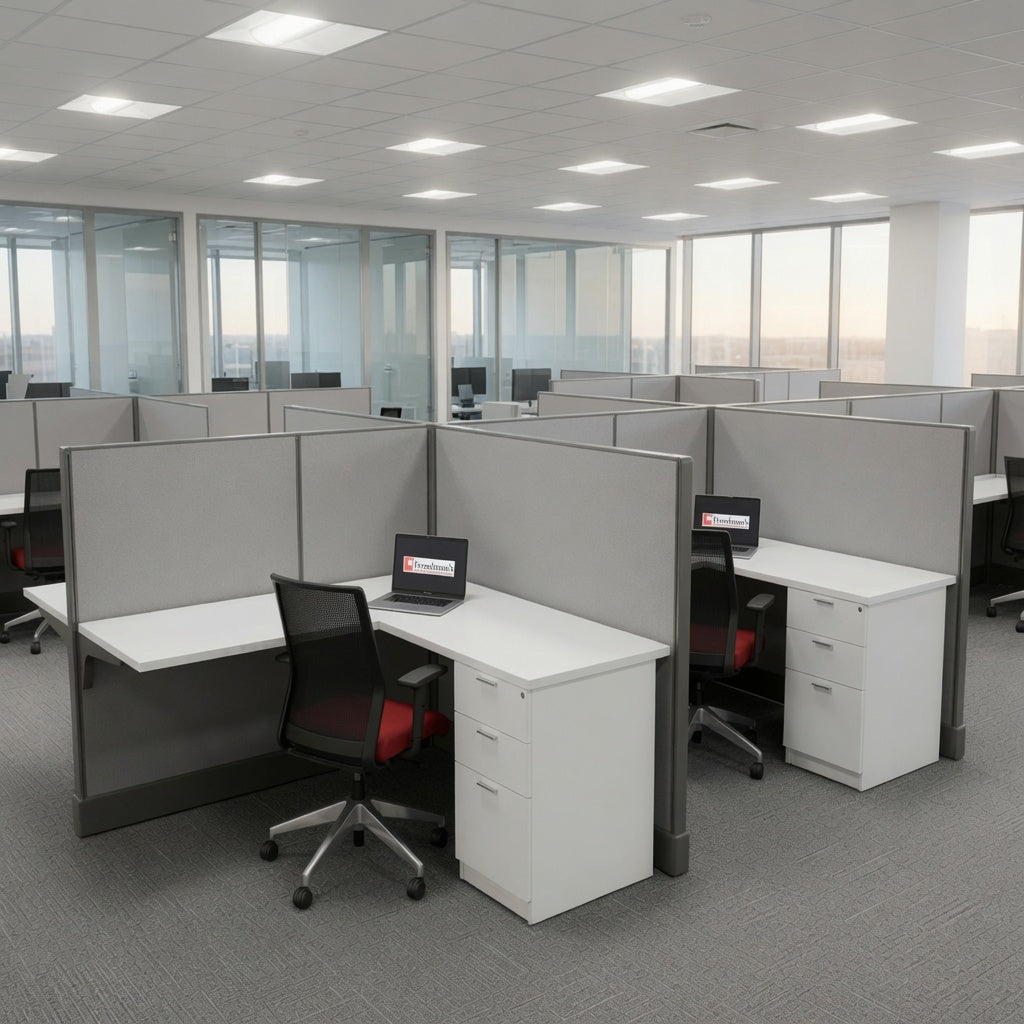 Rows of 5x5 cubicle workstations with white desks, gray panels, and black chairs with red seats in a bright open office