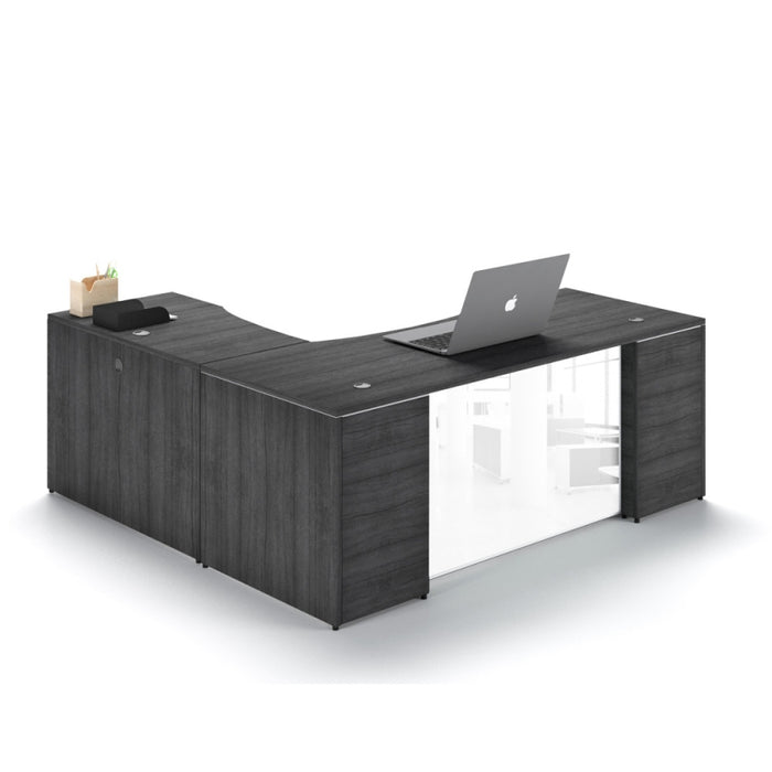 Santa Monica L-Shaped Executive Desk with Glass Modesty Panel