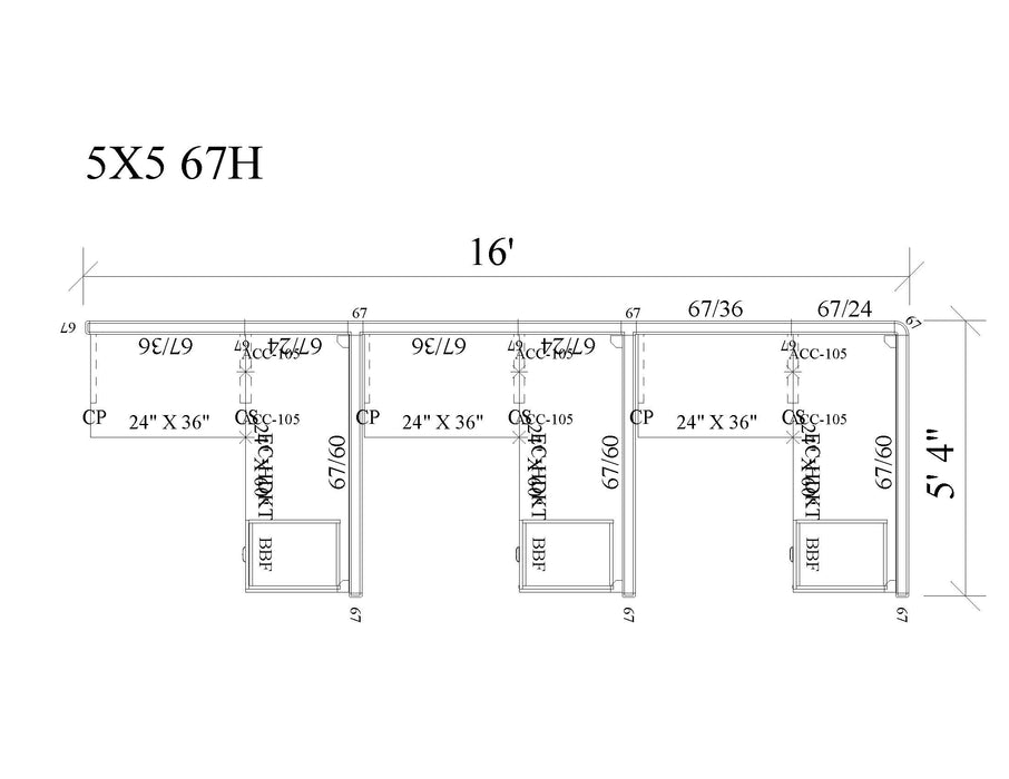 Modern Office Cubicle 5'x5' (67''H) 3 in a Row