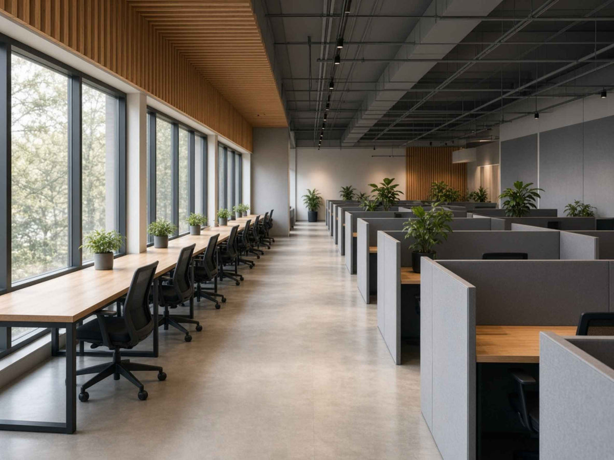Empty modern office with an open benching row on one side and fabric cubicles on the other.