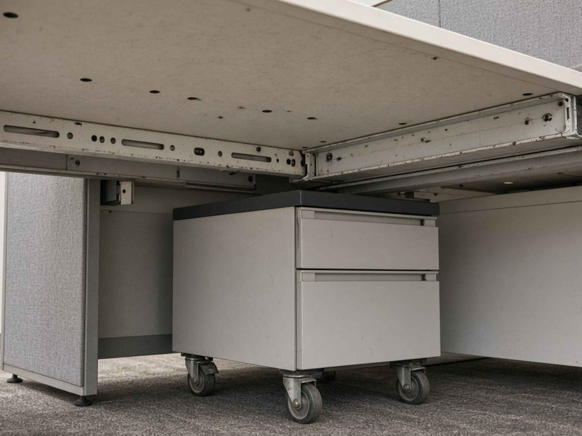 Underside of a used cubicle desk showing worn metal supports extra screw holes and a rolling pedestal with scuffed casters.