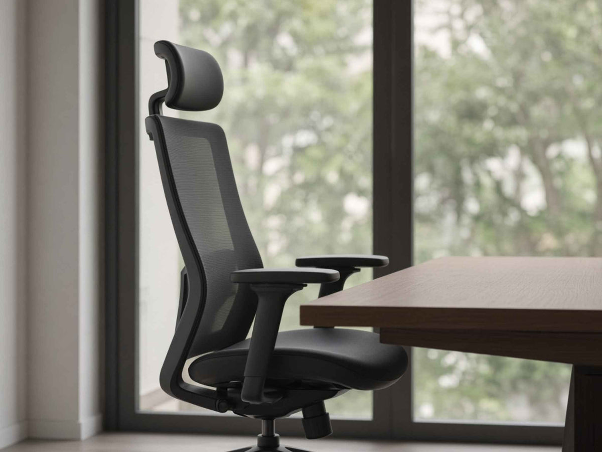 Side view of a black high-back mesh ergonomic chair with a headrest beside a wood desk and a large window.