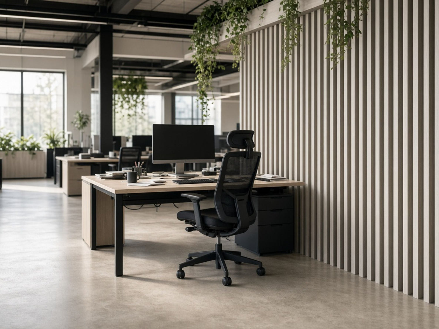 Office workstation with ergonomic chair, monitor, desk, and adjustable privacy partition