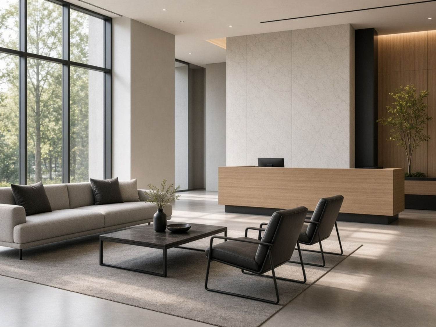 Modern office lobby with a wood reception desk, sofa, lounge chairs, coffee table, and large windows