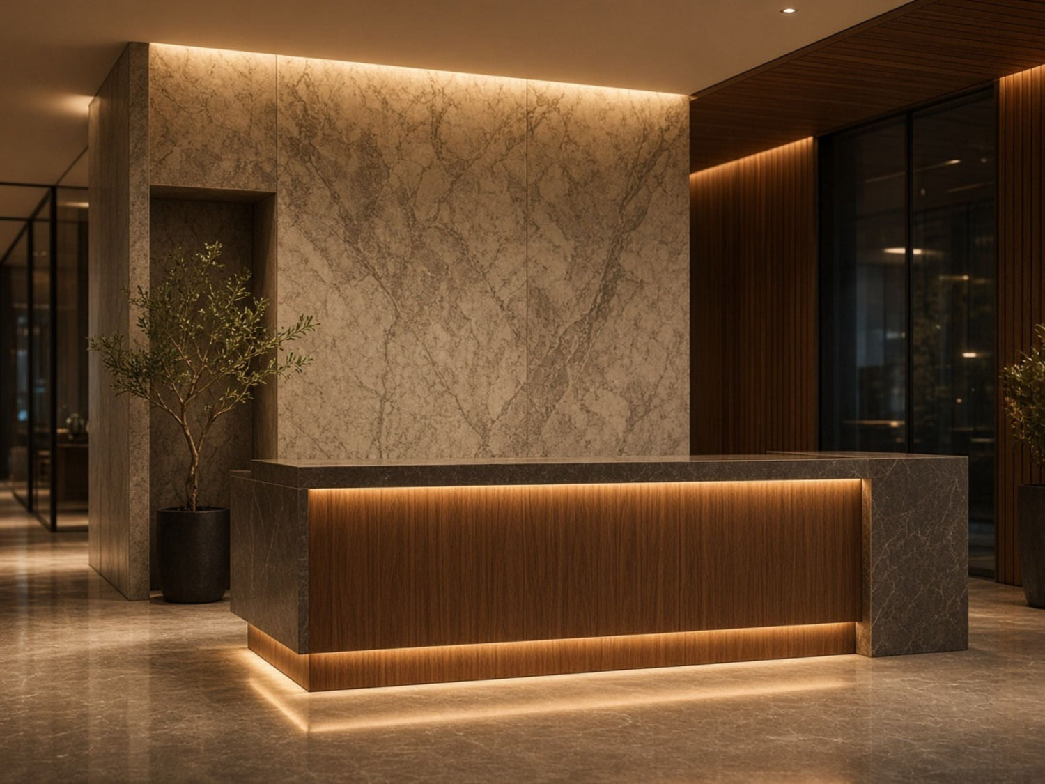 Modern reception area with a wood and stone desk, warm lighting, marble walls, and indoor plants