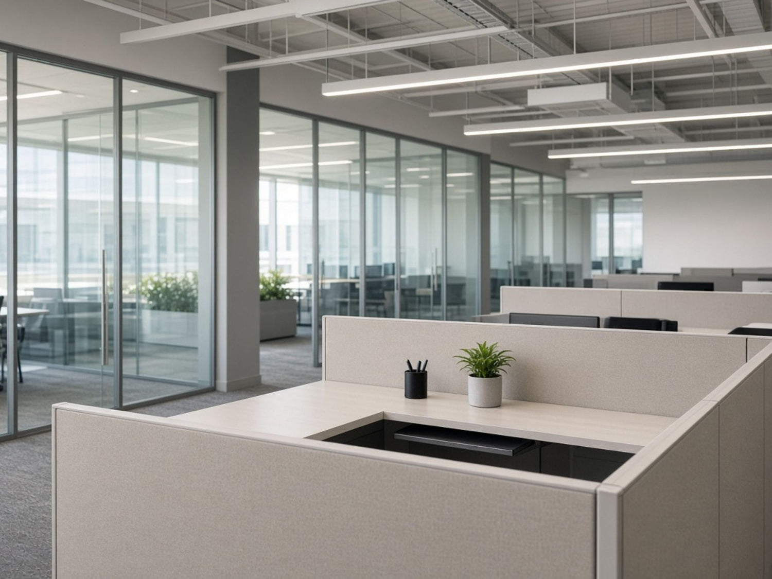 Open office with L-shaped cubicle workstations, privacy panels, plants, and glass-walled meeting rooms