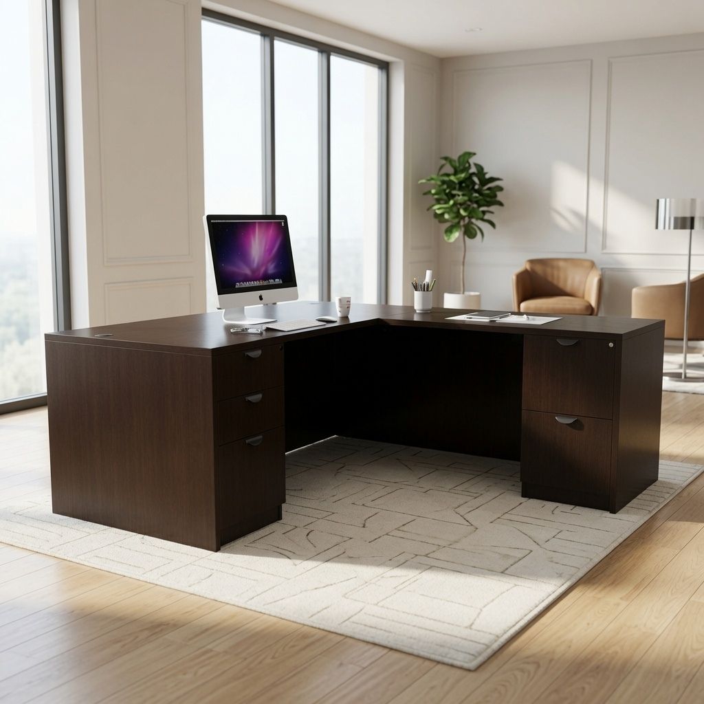 L-shaped executive desk in espresso with file pedestals in a corner office