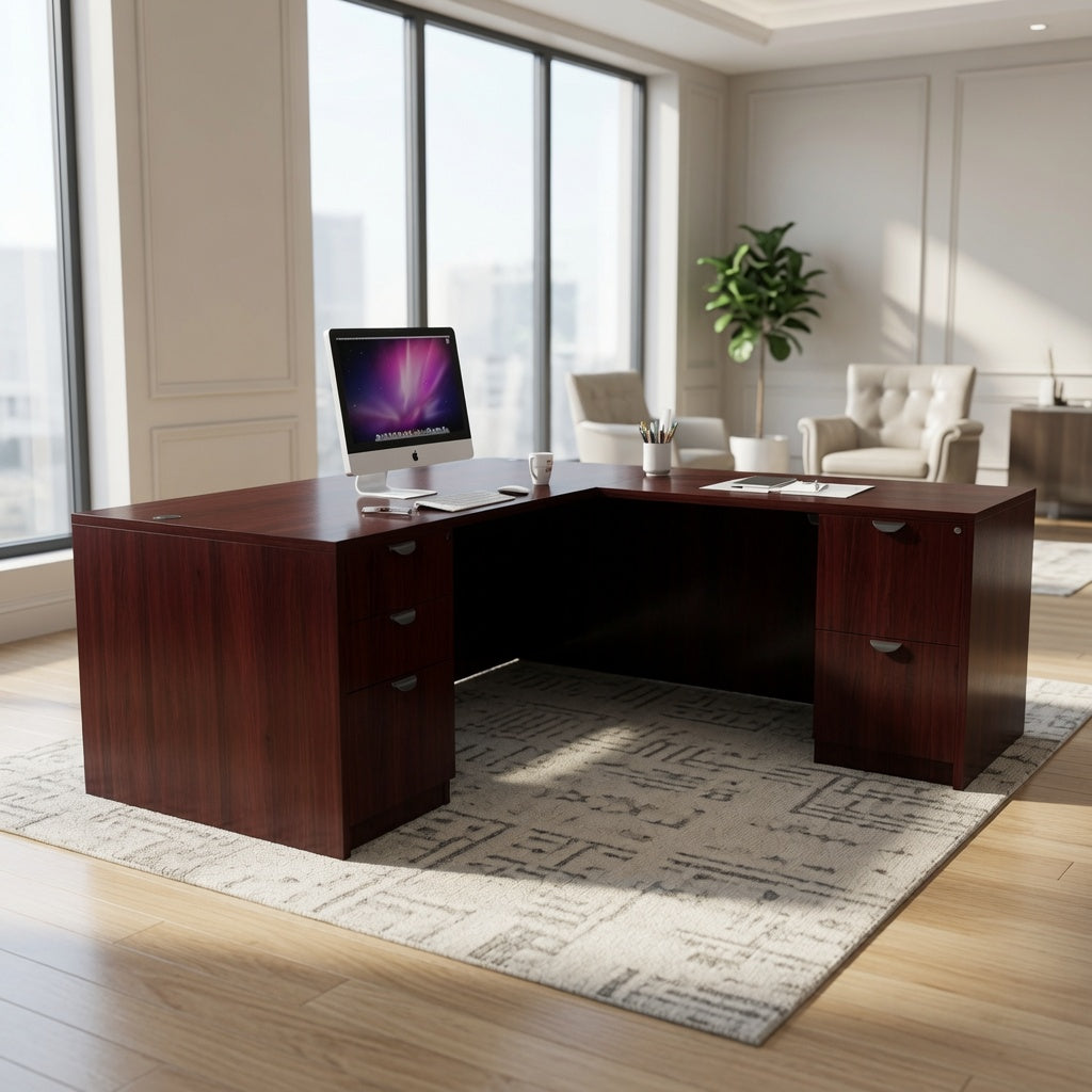 Mahogany L-shaped desk with file pedestals in a bright corner office