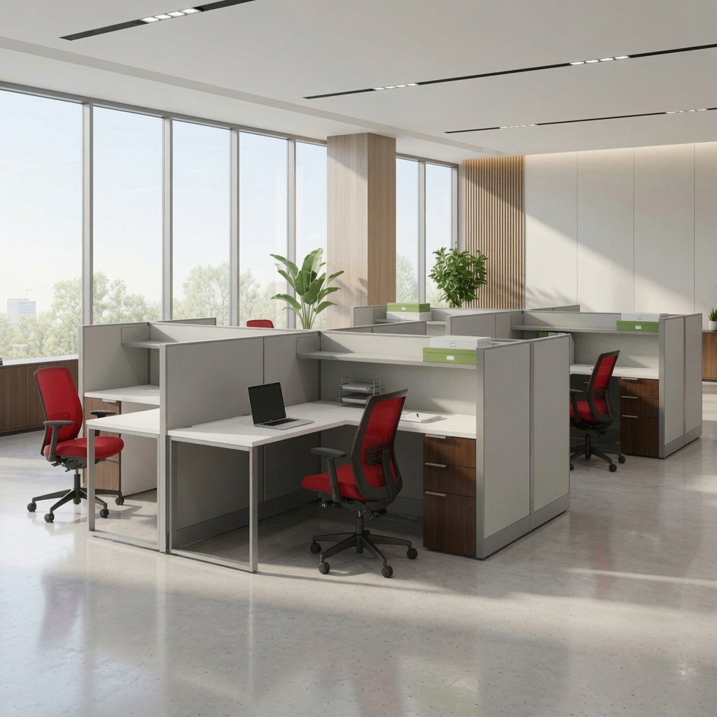 Low-panel cubicle workstations with red task chairs in an open office