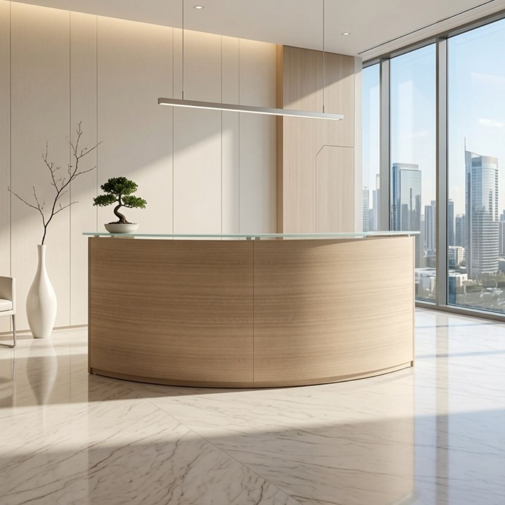 Curved light wood reception desk in a marble-floored lobby