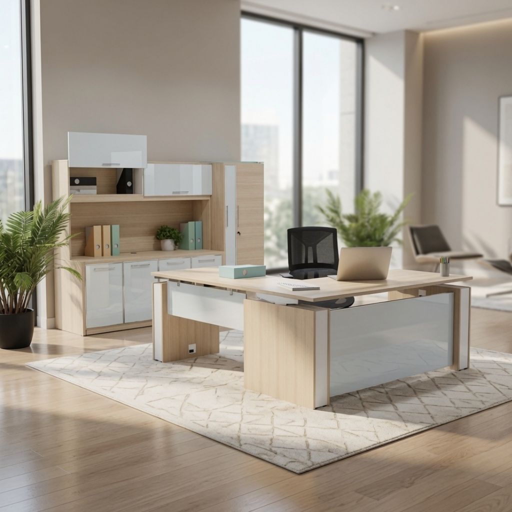 Light wood executive desk with a glass modesty panel and matching storage wall