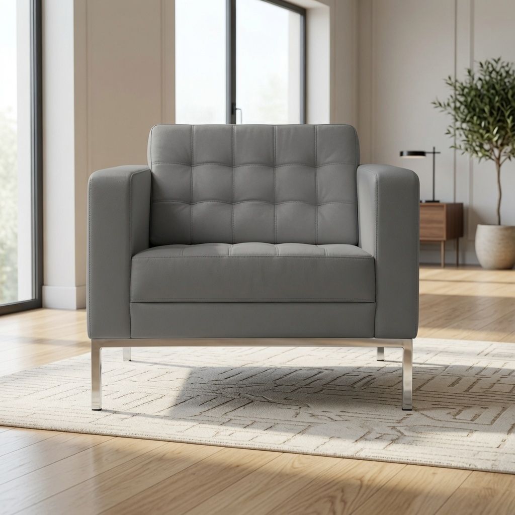 Gray tufted two-seat lounge sofa on slim metal legs