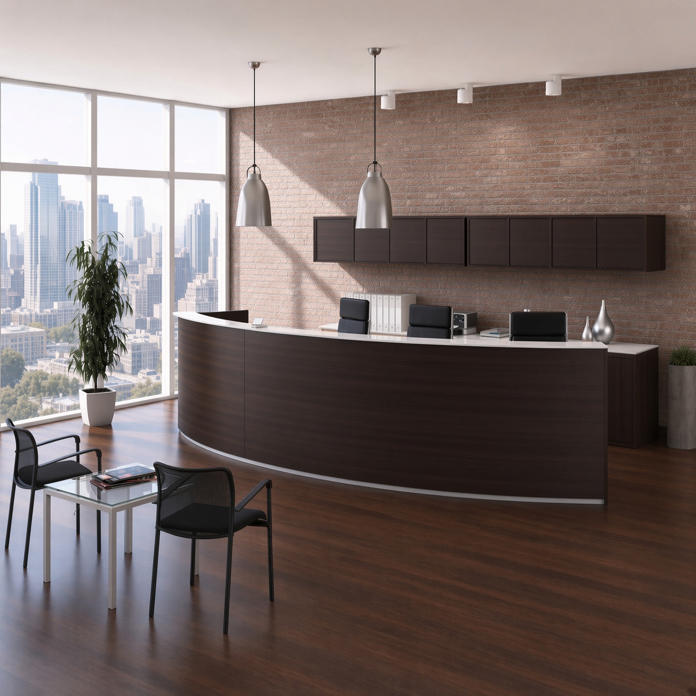 Curved espresso colored wood reception desk with black guest chairs in a brick lobby with floor-to-ceiling windows