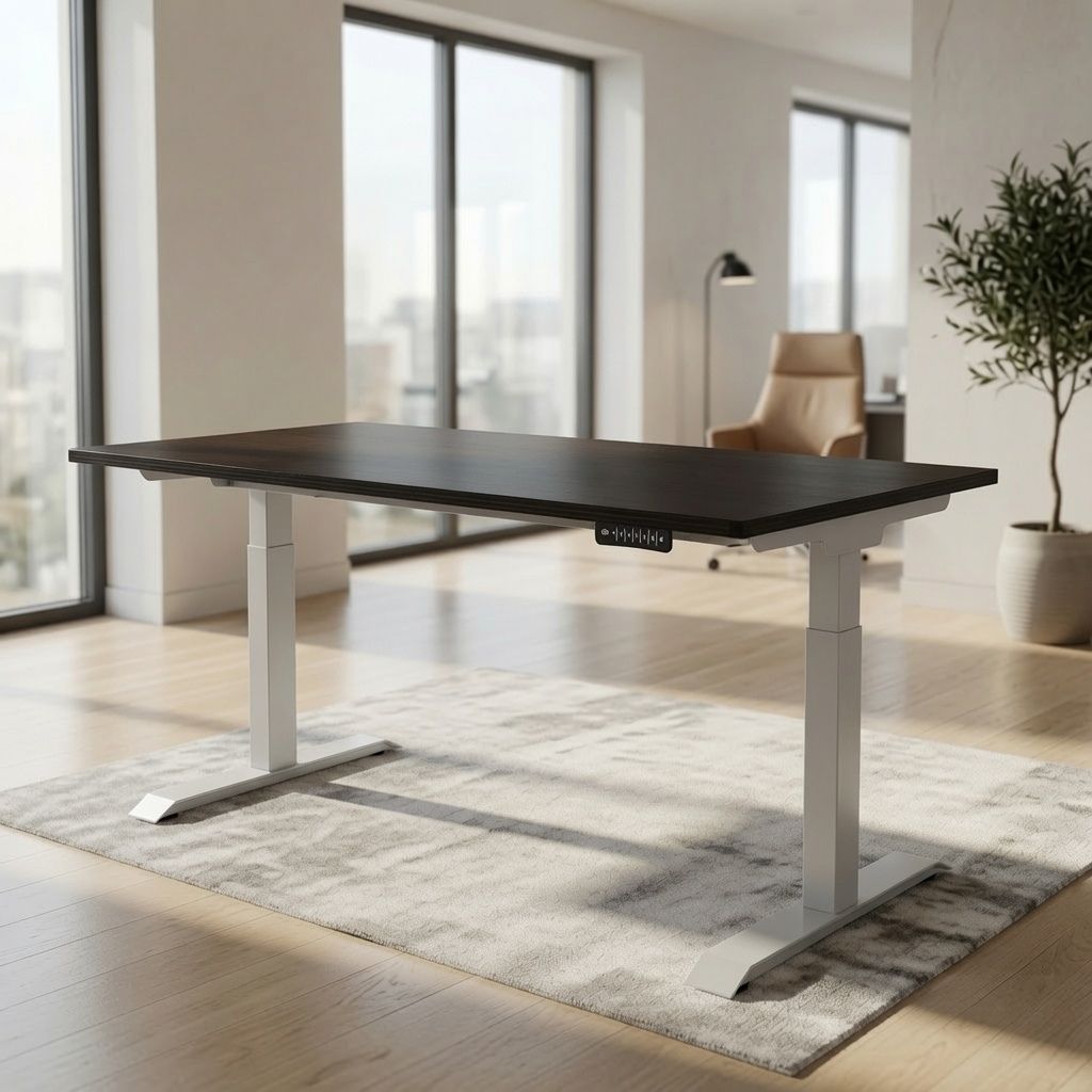 Height-adjustable sit-stand desk with a black top raised to standing height