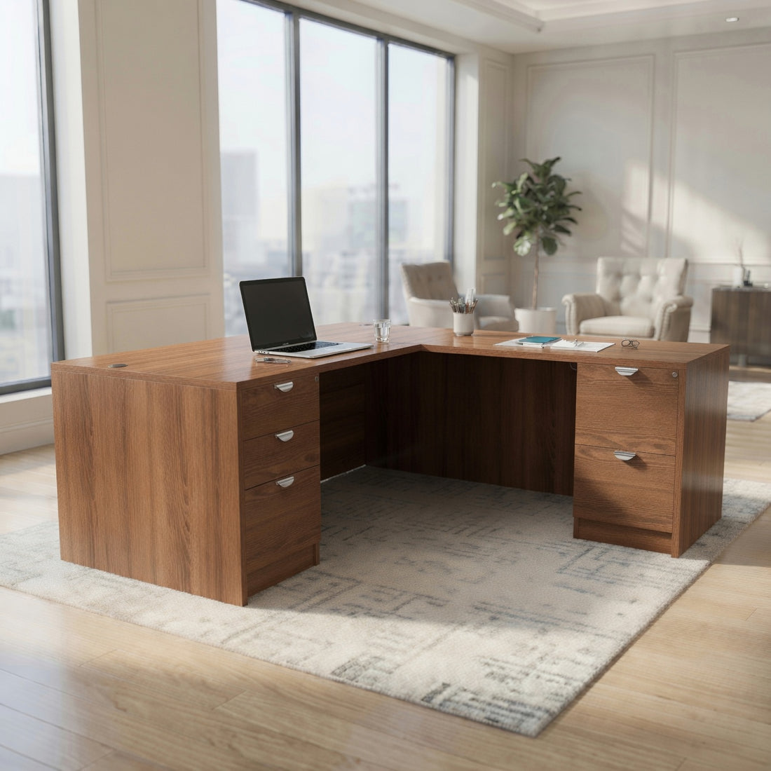 Bellagio L-shaped desk in walnut in a corner office with city windows