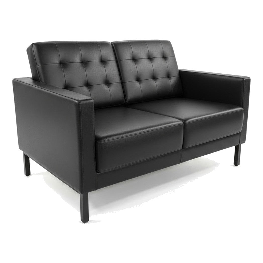 Bianca Love Seat in black with tufted two-seat back and black metal legs, front three-quarter view