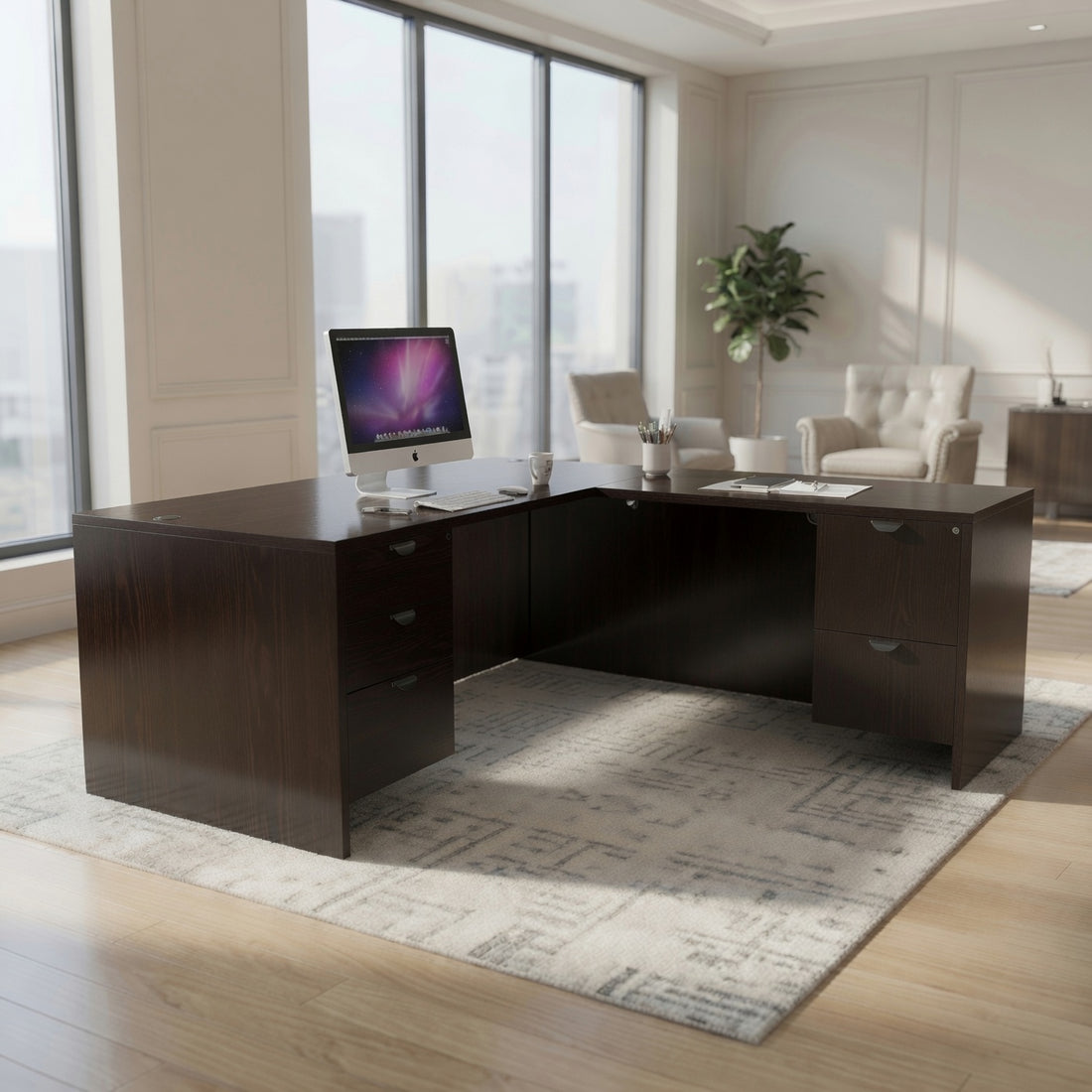 Carmel L-shaped desk in espresso in a corner office with city windows