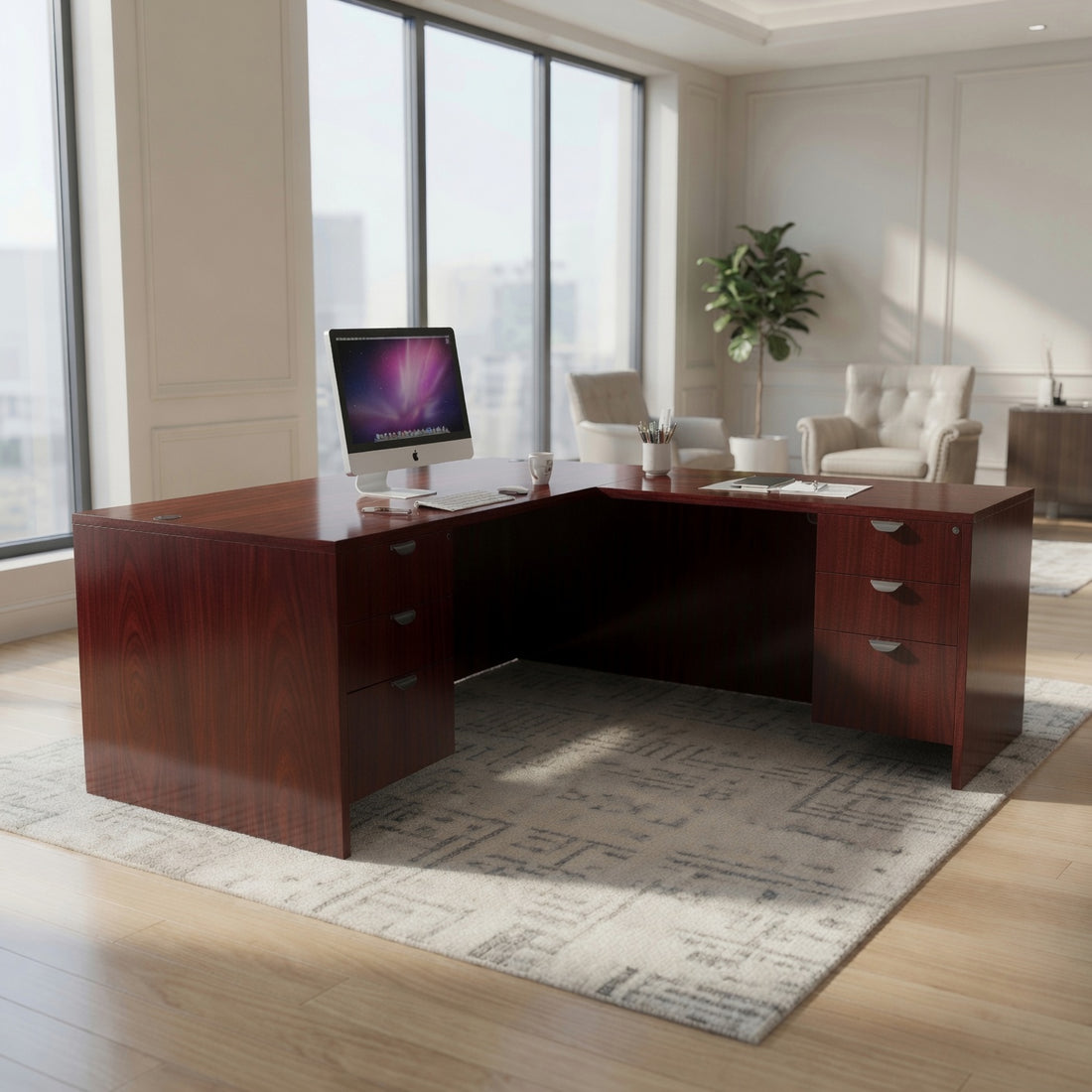 Carmel L-shaped desk in mahogany in a corner office with city windows
