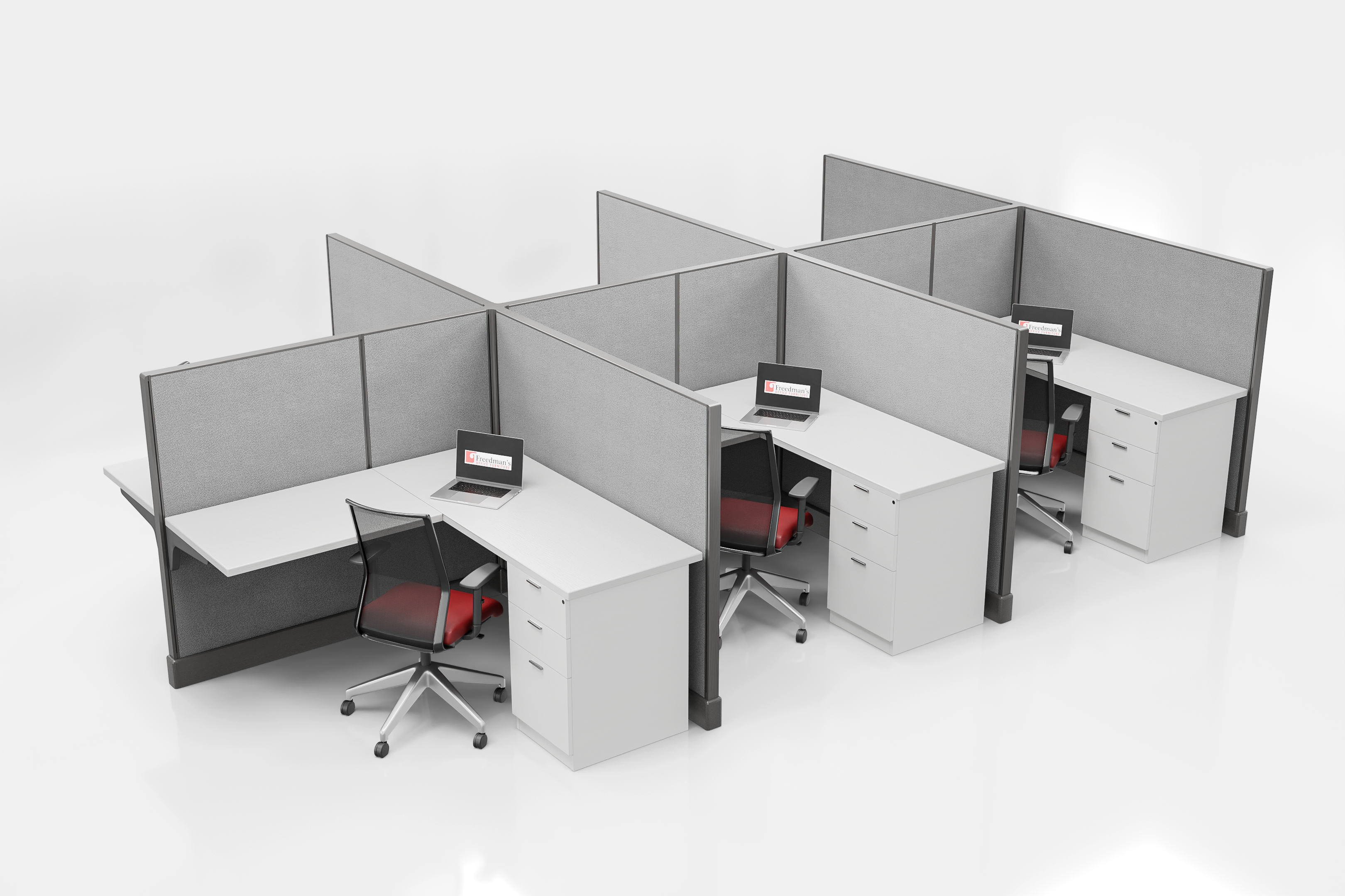 Four-station 6x6 cubicle cluster shown on a white background