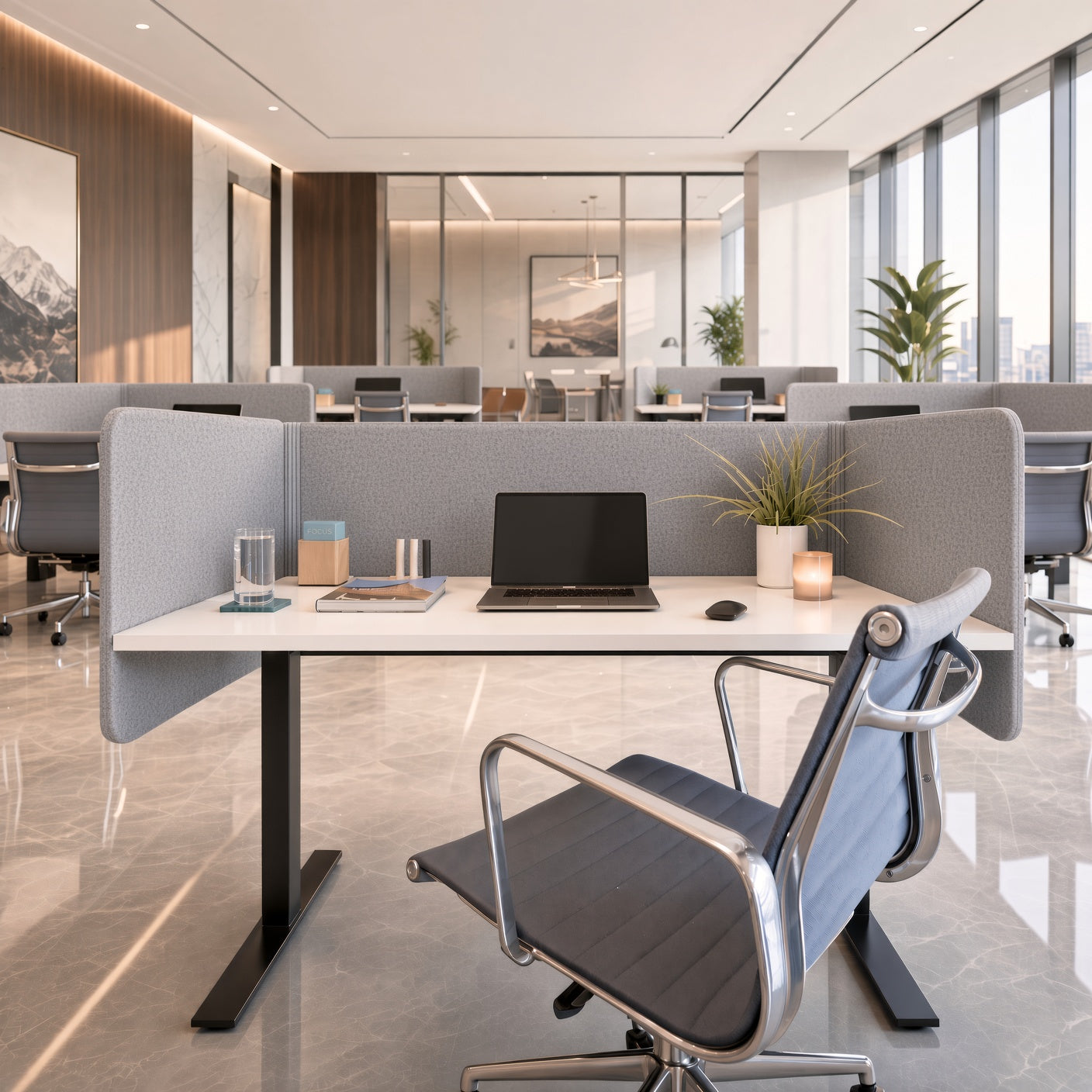 Gray curved desk-mounted privacy screen on a white bench desk with a task chair in an open office
