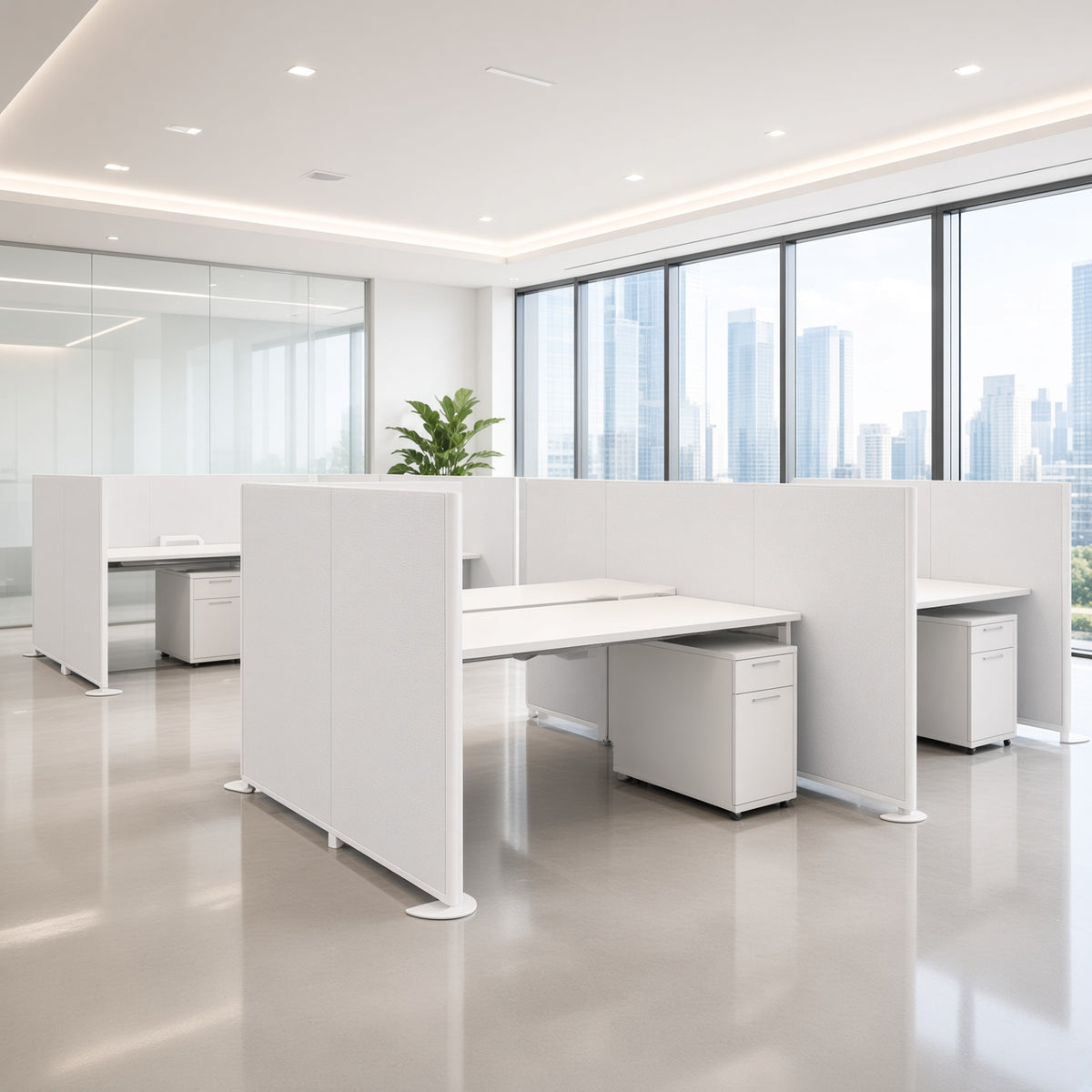 Aluminum-frame floor standing desk dividers with white desks in front of an office window overlooking the city