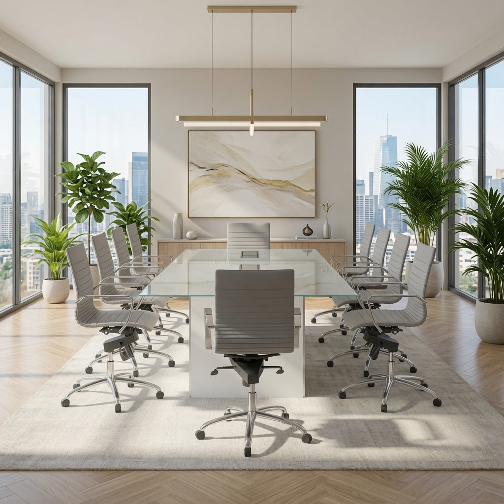 Glass conference table with gray ribbed executive chairs in a corner boardroom with city views