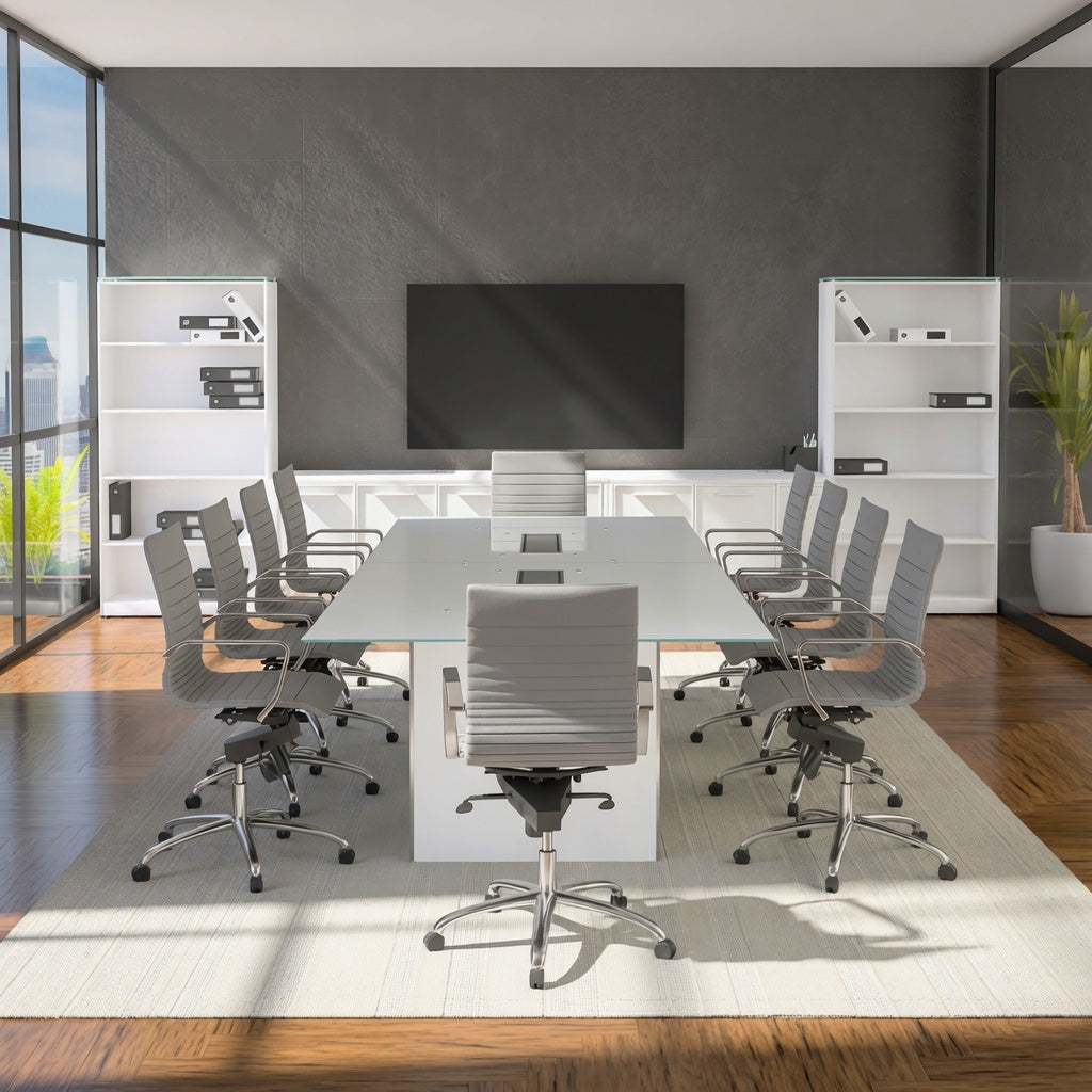 Conference room with a white boardroom table, mesh chairs, and a wall-mounted display