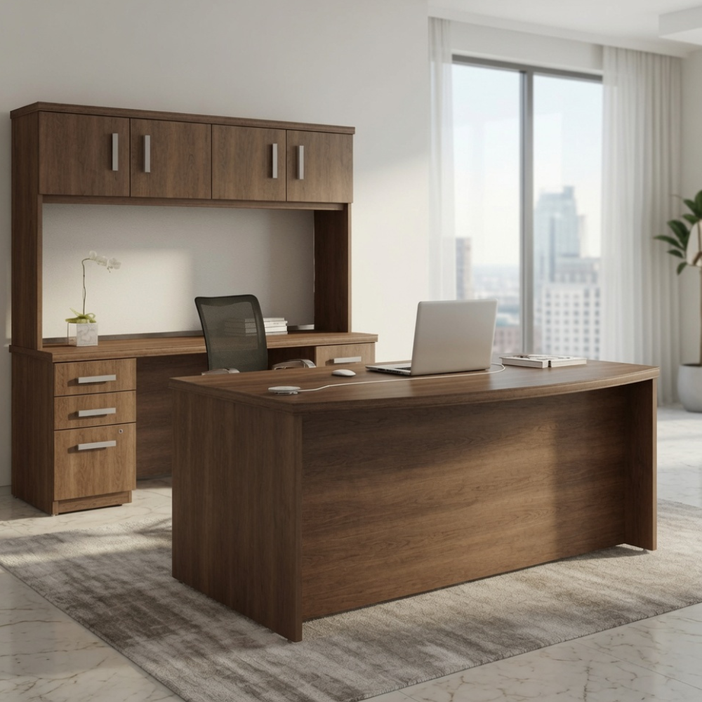 Dark wood executive desk with overhead hutch beside a window