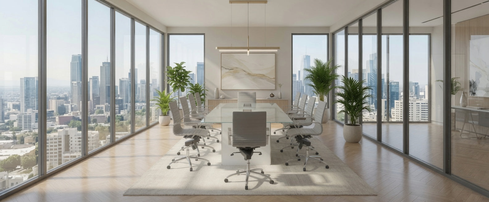Conference room with a long white table, white mesh chairs, and a city skyline view