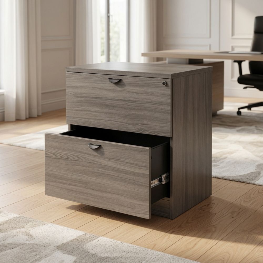 Light wood lateral file cabinet with one drawer open