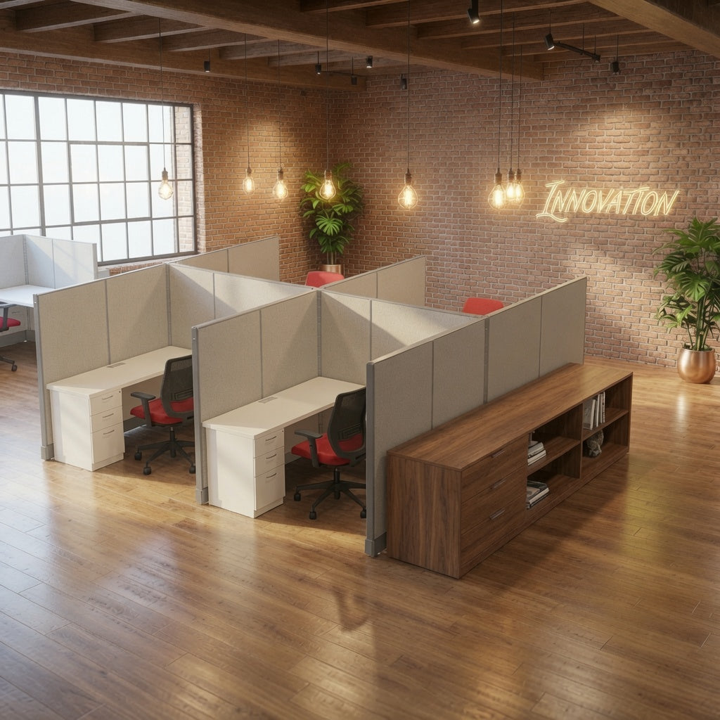 Cubicle workstations with red task chairs and a walnut credenza in a brick loft office with pendant lighting