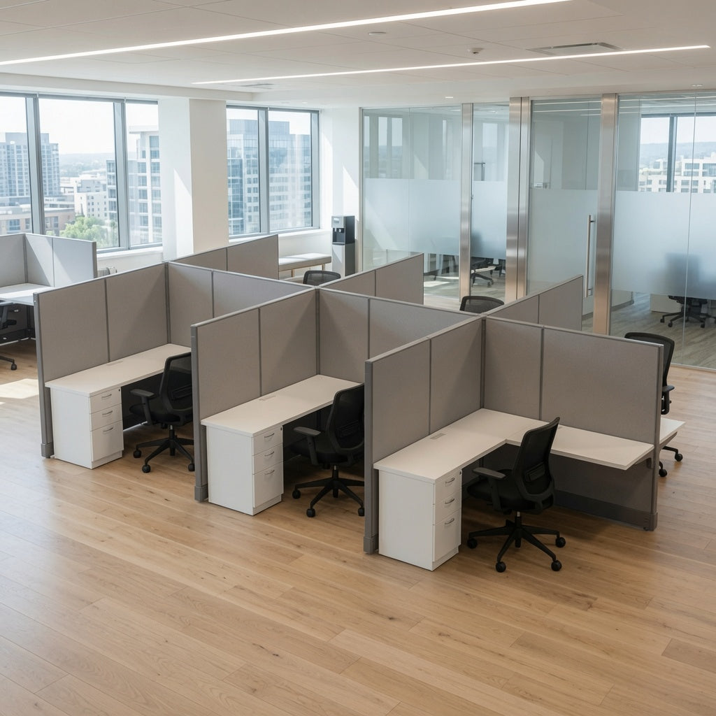 Six-station 5x5 cubicle cluster with white desks and gray panels on a light wood floor