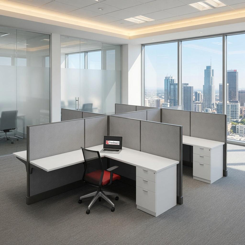 6x6 cubicle workstations with white desks and gray panels beside floor-to-ceiling windows with a city skyline view
