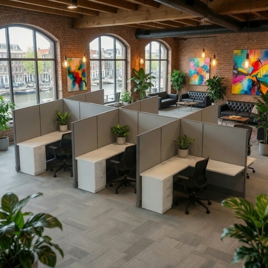 Cubicle workstations with tall gray panels in a loft office with exposed brick, waterfront windows, and abstract art