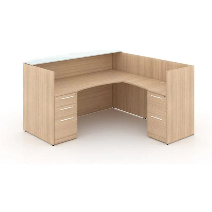 Santa Monica L-Shaped Reception Desk with White Glass Transaction Counter