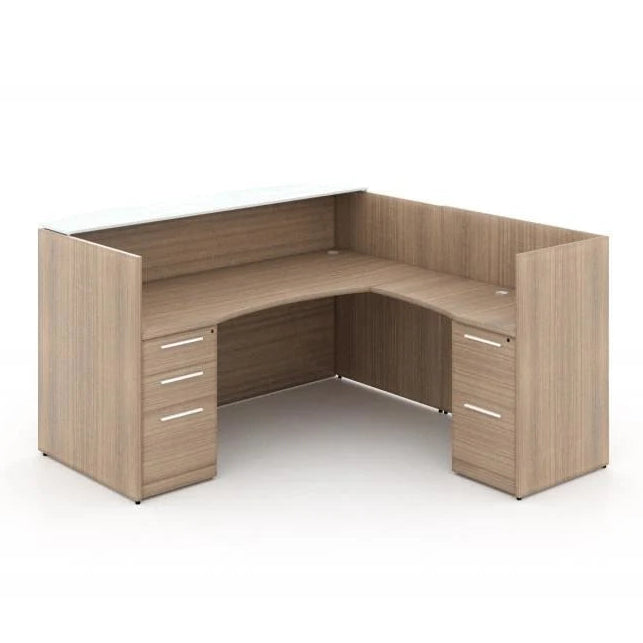 Santa Monica L-Shaped Reception Desk with White Glass Transaction Counter