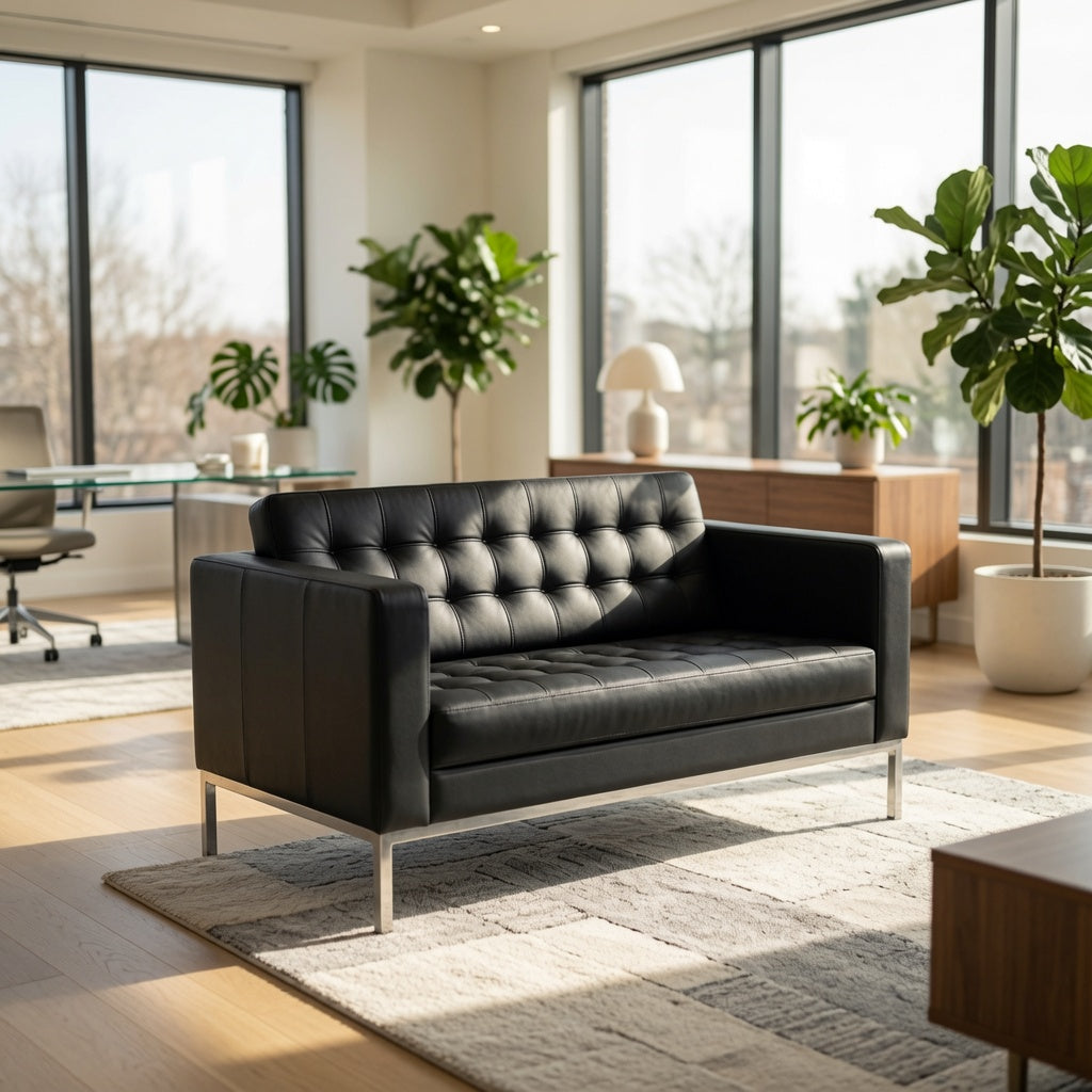 Pasadena two-seat lounge sofa in black tufted leather on a chrome base in a bright office