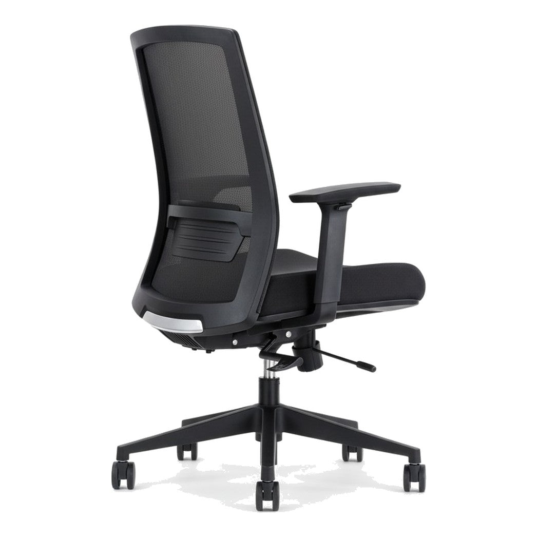 Simply Ergonomic Task Chair in black, rear three-quarter view showing the mesh back