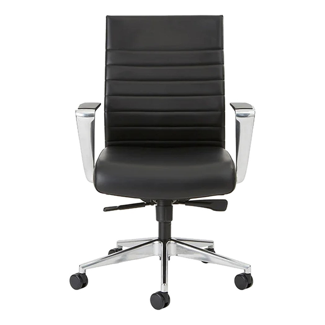 Stella Executive Chair in black faux leather with polished aluminum arms, front view