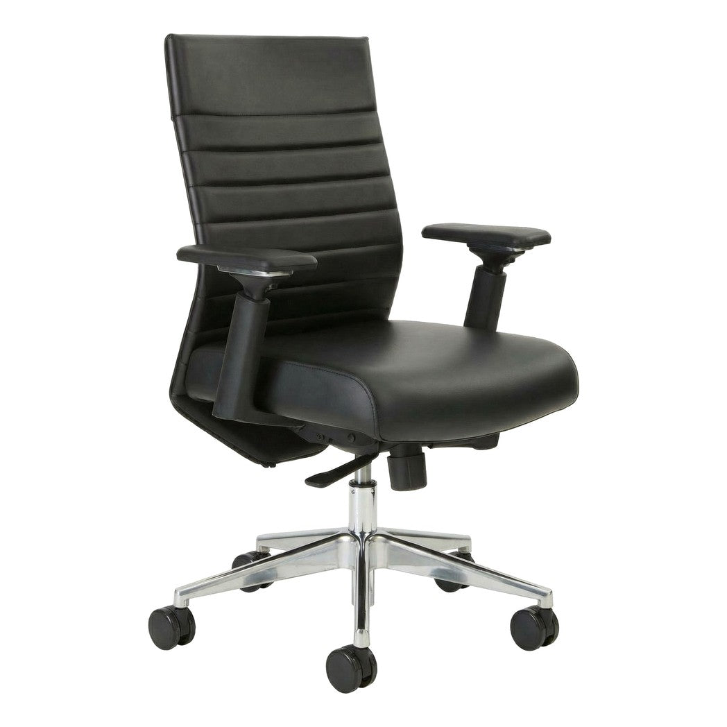 Stella Task Chair in black faux leather with adjustable arms, front three-quarter view