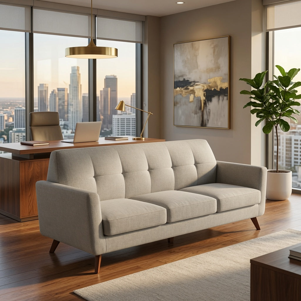 Verona three-seat sofa in beige fabric on wood legs in an executive office with a city view