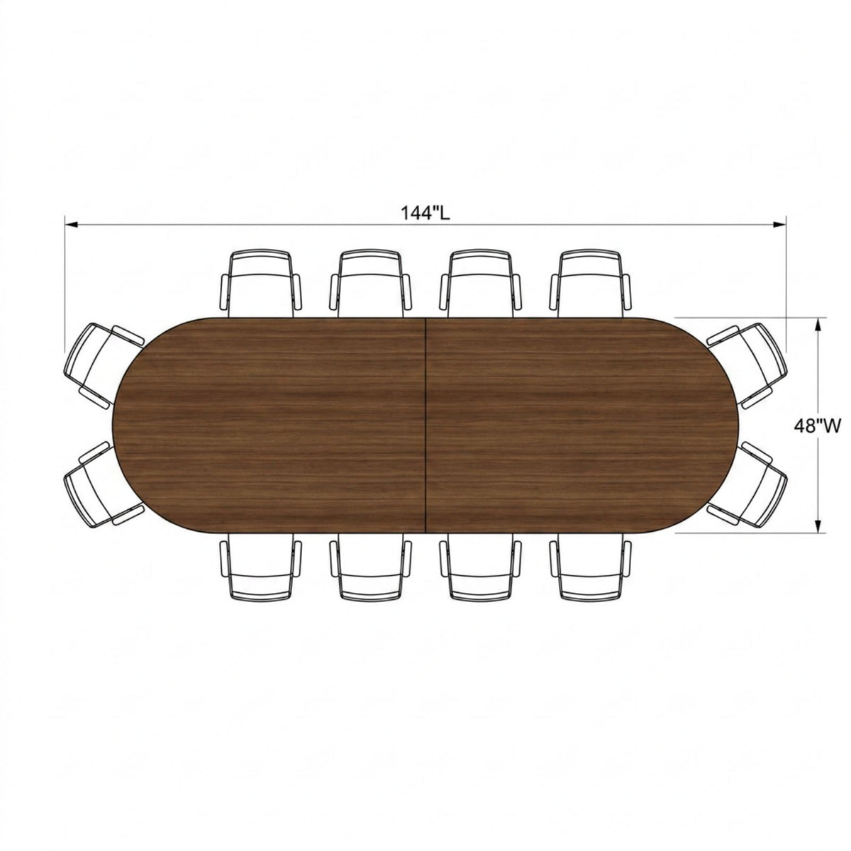 Dimension drawing for the Bellagio 12-foot racetrack conference table showing overall width and depth with chairs 