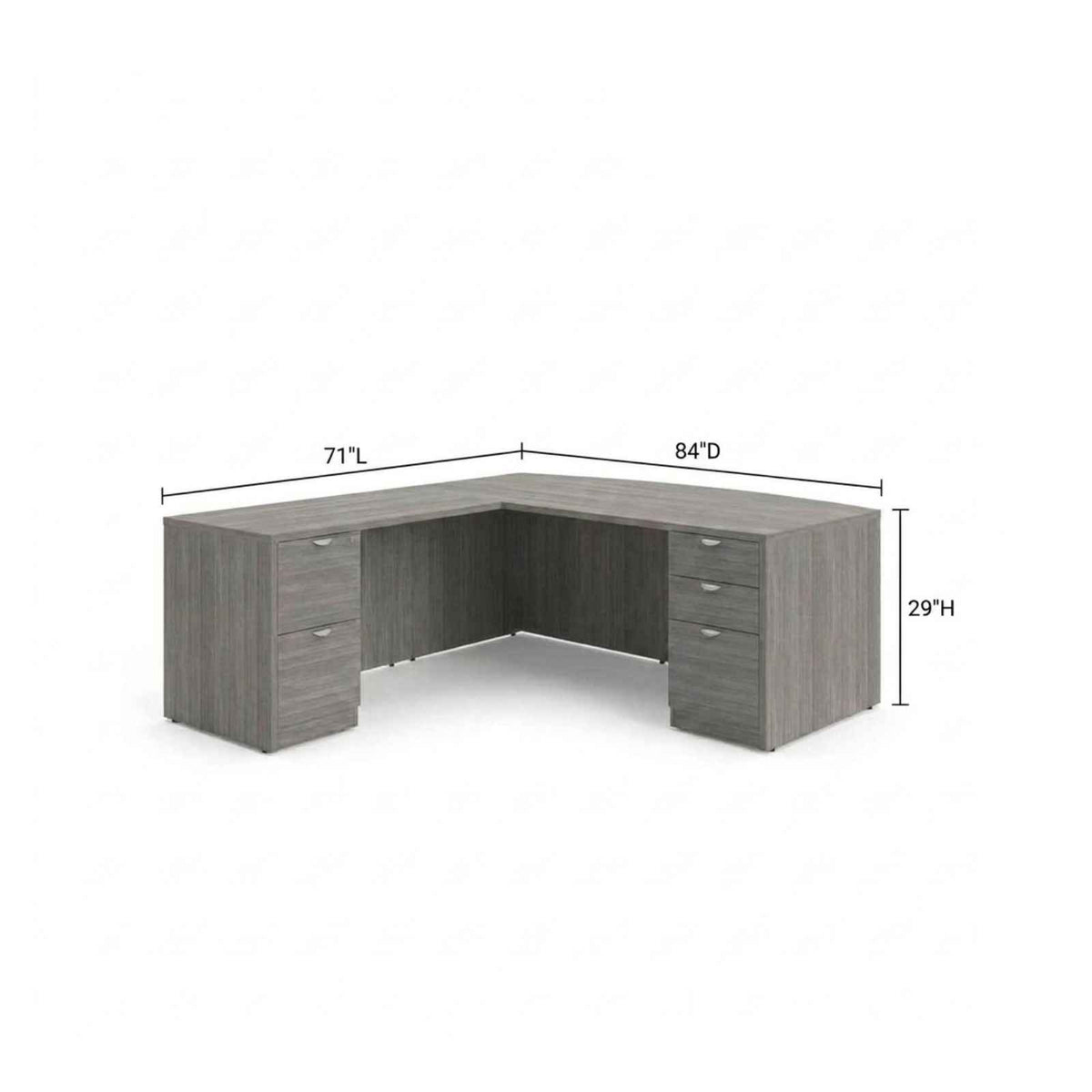 Dimension drawing for the Bellagio L-shaped desk with white modesty panel showing overall width and depth