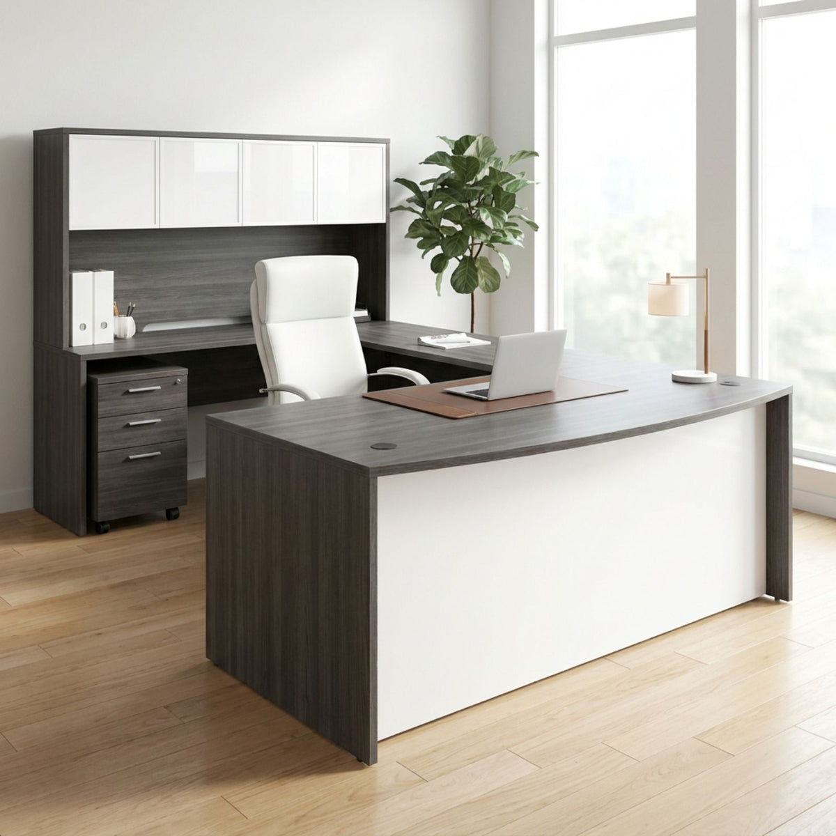 Bellagio L-shaped desk with white modesty panel in a working office