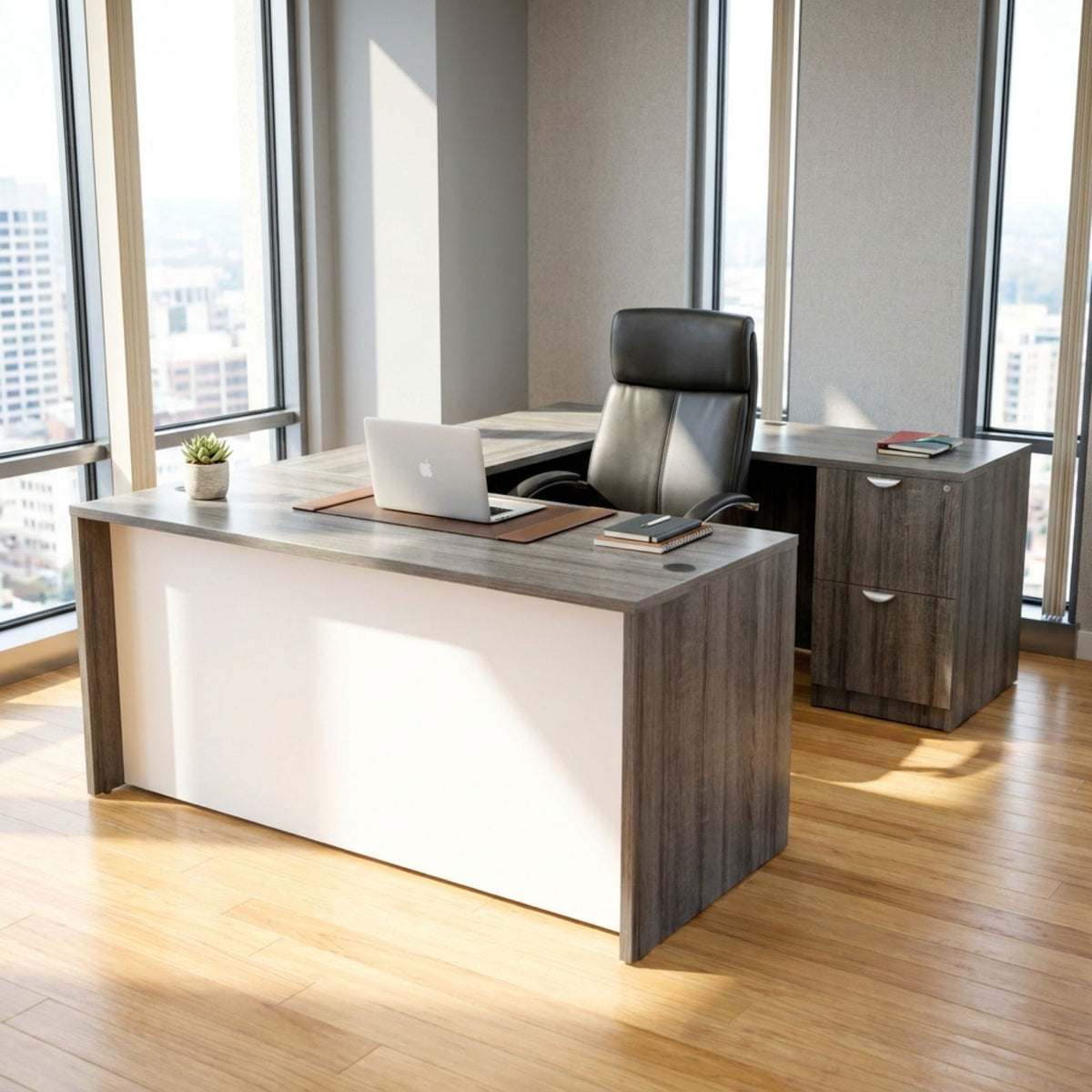Bellagio L-Shaped Desk with White Modesty Panel
