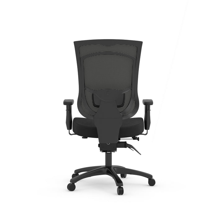 Black office chair on a white background, back view
