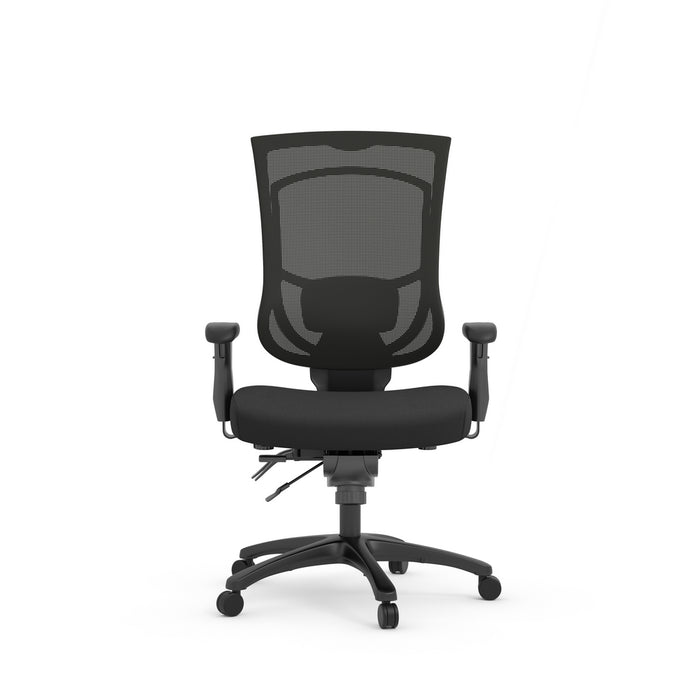 Black office chair with mesh back on a white background, front view