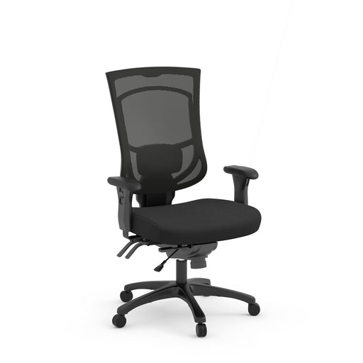 Black office chair with mesh back on a white background, side view